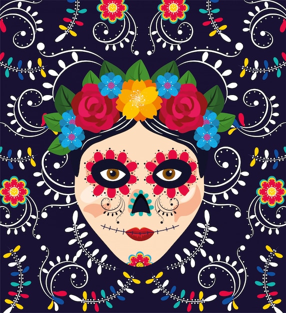 Decoração de caveira de mulher com flores para evento mexicano