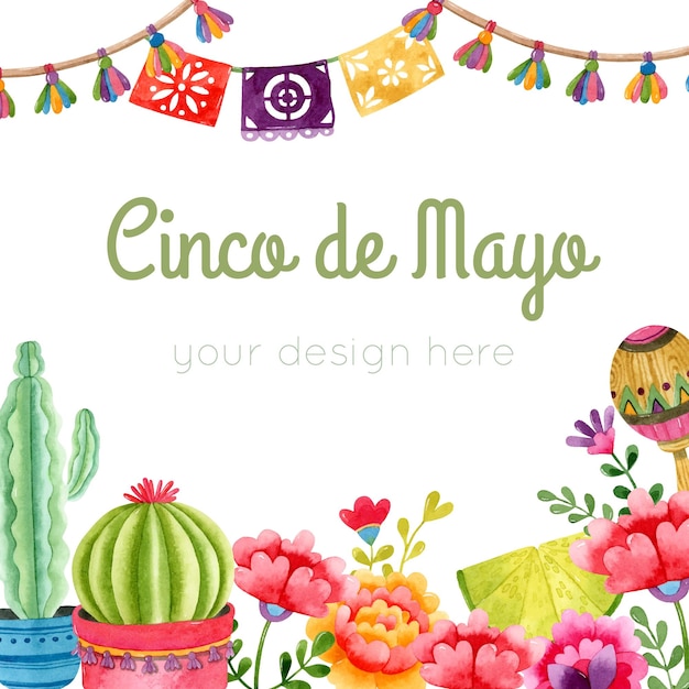 Decoração de estilo mexicano de moldura de aquarela cinco de mayo