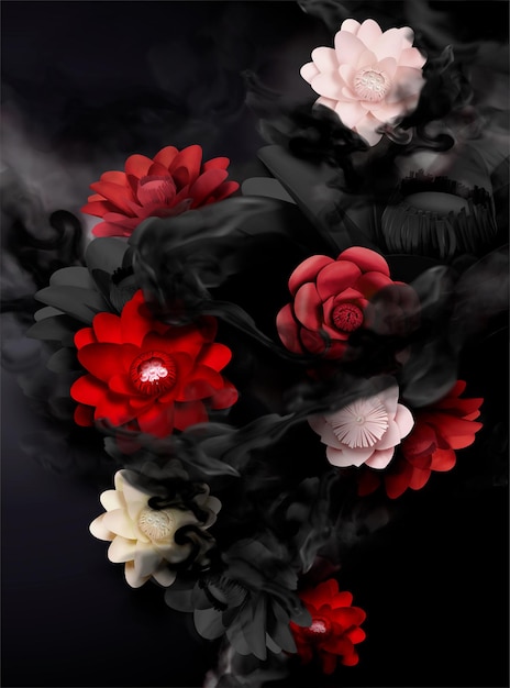 Decoração de flores de papel e efeito smog em 3d