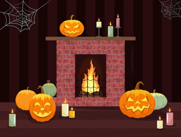 Vetor decoração de interiores de halloween lareira com chamas e lâmpadas brilhantes de abóbora fundo escuro