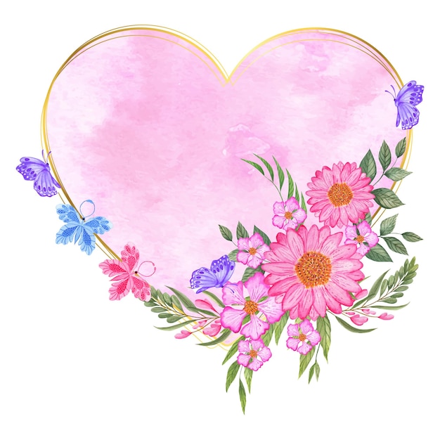 Vetor decoração de moldura floral rosa em forma de coração dourado com borboletas