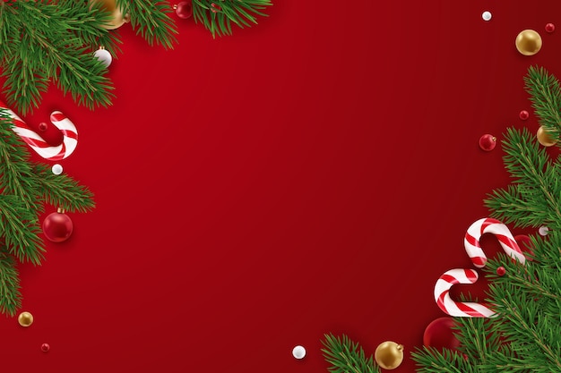 Decoração de Natal realista com ramos de pinheiro, bastões de doces dourados e bolas vermelhas