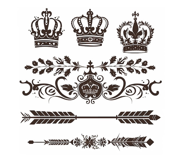 Decoração de página vintage vetorial com setas de coroas e elementos florais