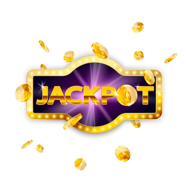 Decoração de sinal retrô de jackpot com moedas caindo isolado. vetor