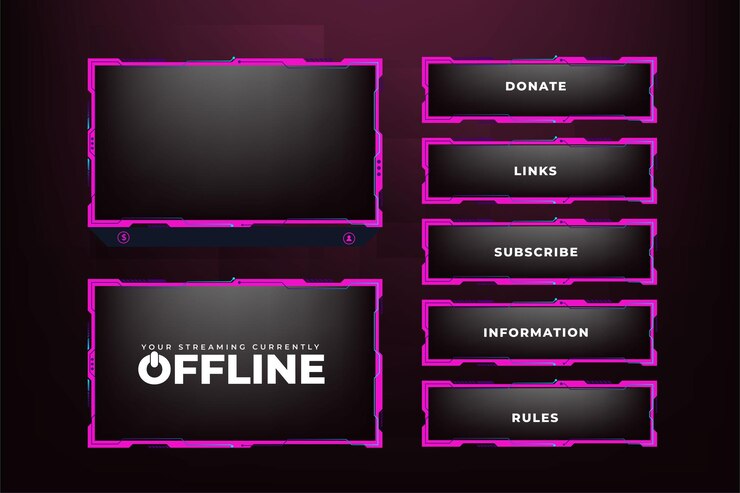 Vetor decoração de sobreposição de jogos femininos para streamers on-line design moderno de quadros de jogos com cores rosa e escuras sobreposição de transmissão ao vivo futurista e vetor de painel de tela de transmissão para jogadores de meninas