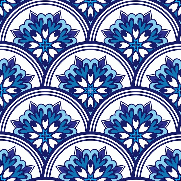 Decoração de textura de ladrilho estampado padrão oriental em mosaico com ornamento azul arabesco