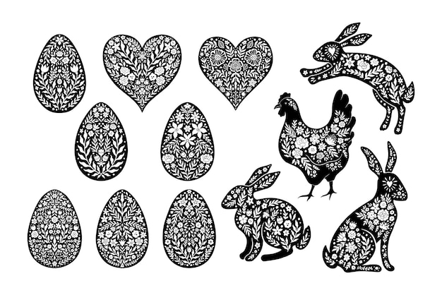 Decoração floral em silhuetas de páscoa ovos frango coelho elegante linocut conjunto de páscoa handdrawn animal com flores e folhas para cartões de pôster ilustração em vetor isolada no fundo branco