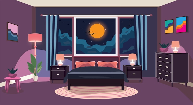 Vetor decoração interior de quarto residencial contemporânea sob a luz da lua
