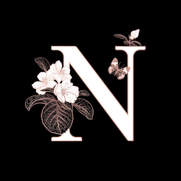 Decorações com ramos de sakura floridos letra n e borboleta