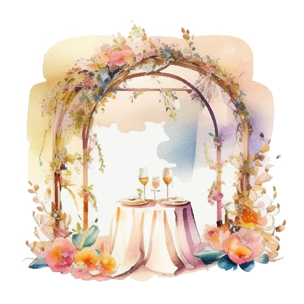 Decorações de casamento em aquarela com flores de mesa de casamento e alcova