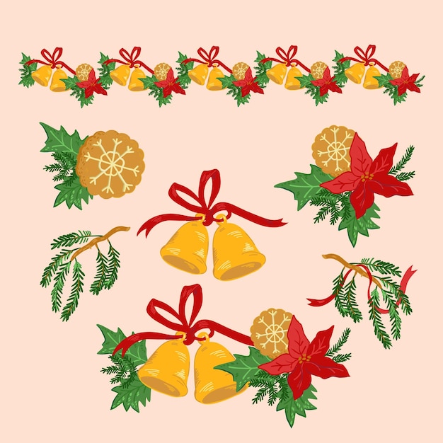 Decorações de férias de natal com flor de natal e fronteira de sinos e vetor de elementos únicos