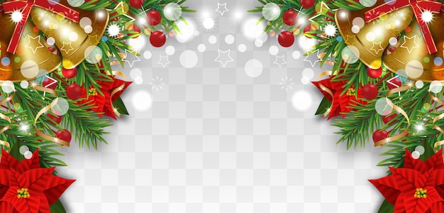 Vetor decorações de fronteira de natal e ano novo com ramos de pinheiro, sinos dourados, flores de natal, poinsétia e bagas de azevinho. elemento de design para o cartão de natal em fundo transparente.