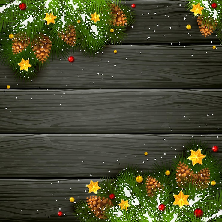 Vetor decorações de natal com neve e estrelas em fundo preto de madeira