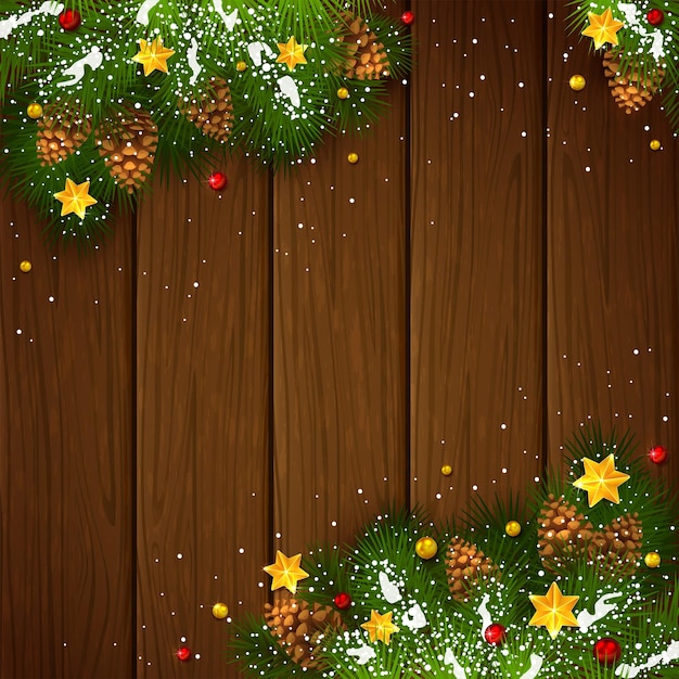 Decorações de natal com neve e estrelas no fundo de madeira marrom