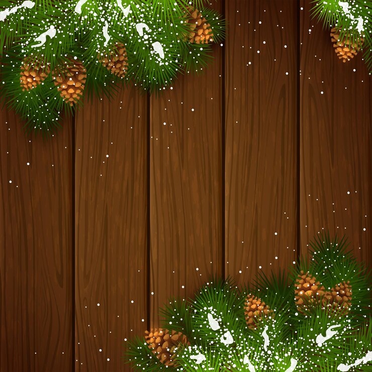 Vetor decorações de natal com neve no fundo de madeira marrom