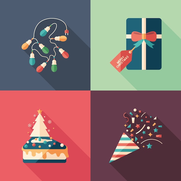 Decorações de Natal e presentes ícones quadrados plana definida.