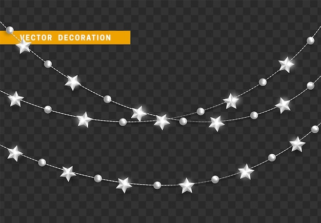 Decorações de natal isoladas. corda de prata, guirlandas com estrelas conjunto realista. decoração branca de natal. decoração de elementos de design festivo. ilustração vetorial