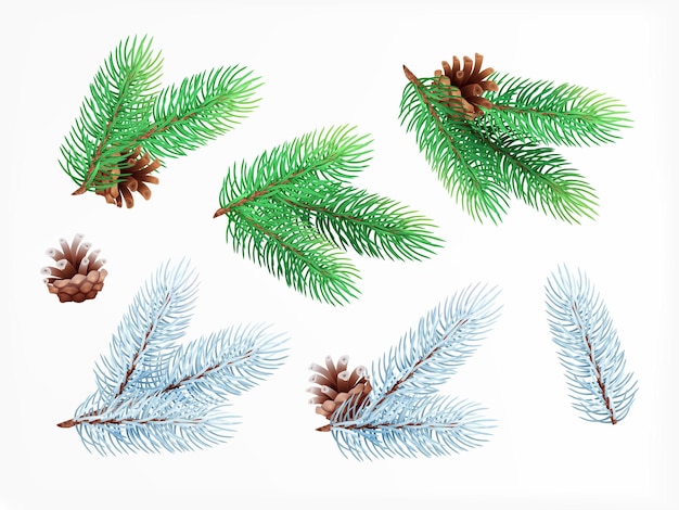 Decorações de natal plantam composição realista de neve com imagens isoladas de galhos de árvores com ilustração vetorial de agulha de abeto gelada