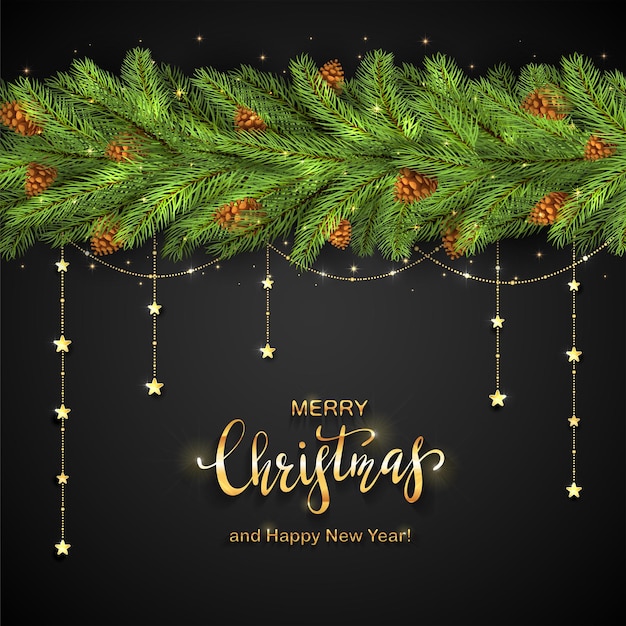 Vetor decorações do feriado com estrelas douradas de natal e galhos de árvores de abeto em fundo preto. letras de feliz natal e feliz ano novo, ilustração.