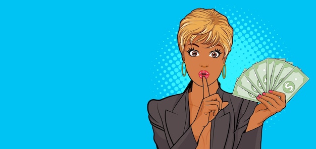 Dedo de mulher negra nos lábios gesto de silêncio cópia espaço para banner pop art retro comic style