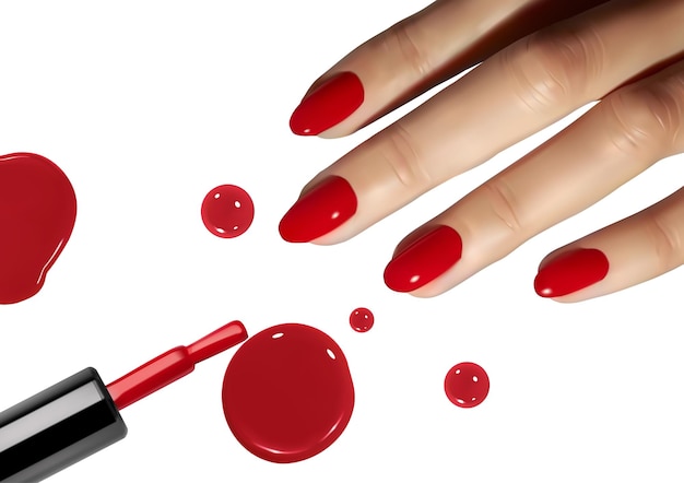 Vetor dedos com manicure vermelho festivo brilhante e garrafa de esmalte isolado