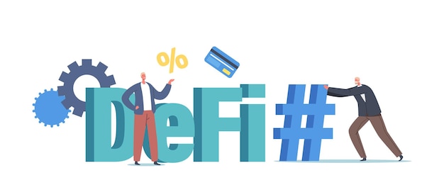 DeFi, conceito de finanças descentralizadas. Personagens minúsculos de empresários com enorme Hashtag, cartão do banco, engrenagens e porcentagem. Criptomoeda Blockchain Business Technologies. Ilustração em vetor desenho animado