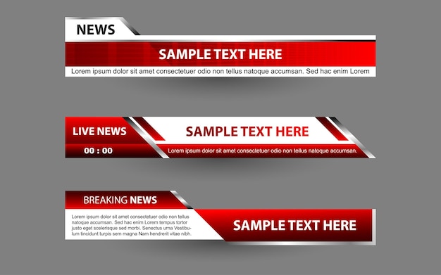Vetor defina banners e terços inferiores para canais de notícias com cor branca e vermelha