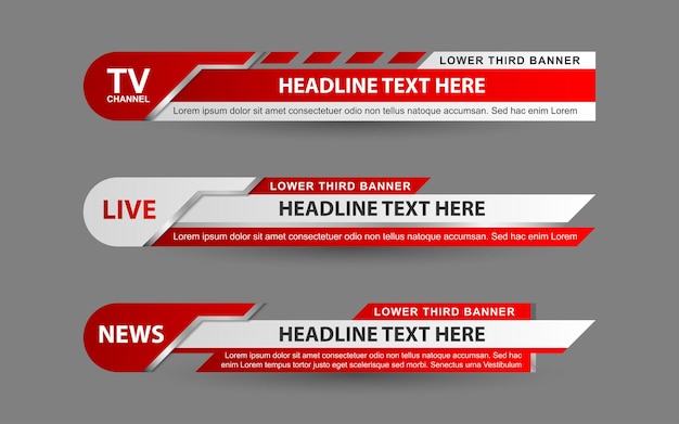Vetor defina banners e terços inferiores para o canal de notícias com a cor vermelha e branca