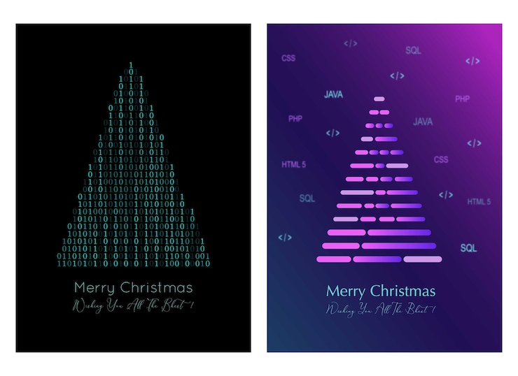 Vetor defina cartões de natal com uma árvore de natal digital