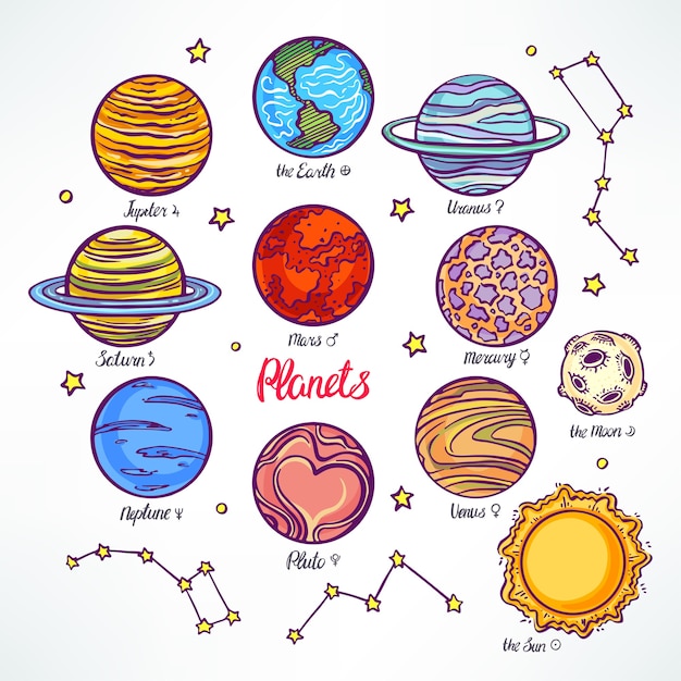 Defina com os planetas do sistema solar e as constelações. ilustração desenhada à mão
