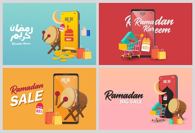 Defina o conjunto de banners de venda do ramadã com desconto e o melhor rótulo de etiqueta ou adesivo de oferta por ocasião do ramadã