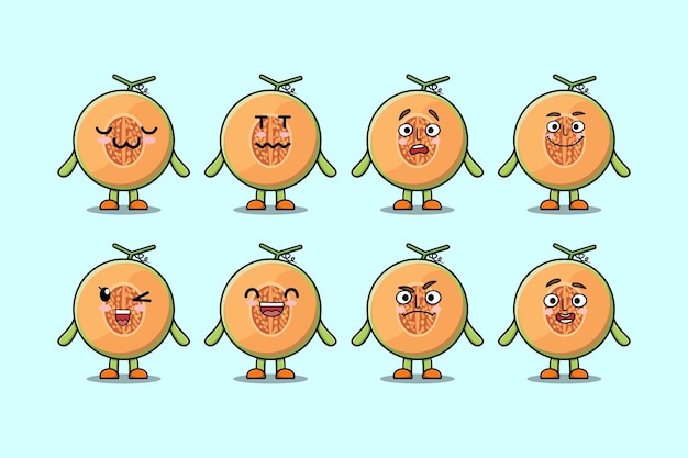 Defina o personagem de desenho animado kawaii melon com expressões diferentes ilustrações vetoriais de rosto de desenho animado
