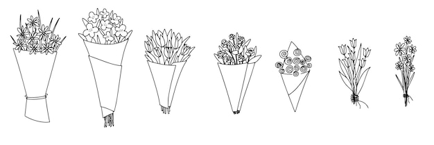 Defina um buquê de flores no estilo doodle, mão desenhar elementos de primavera. ilustração em vetor.