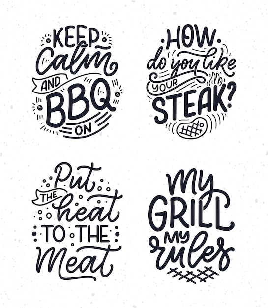 Definido com slogans divertidos para churrasco. Letras para design de jantar em família.