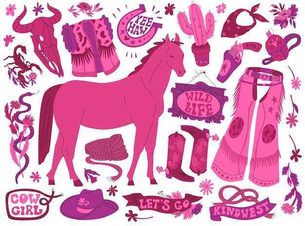 Definido sobre o tema das mulheres no oeste selvagem cowgirl acessórios e atributos tons rosa brilhantes e estilo elegante barbiecore e ilustração vetorial de letras isoladas em um fundo escuro