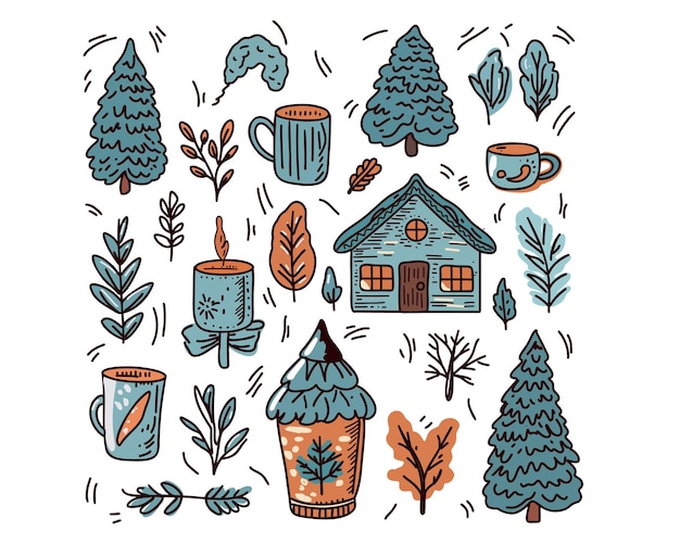 Definir a atmosfera de inverno com casa, floresta de inverno, abetos, folhas, velas e copos, doodle, vetorial