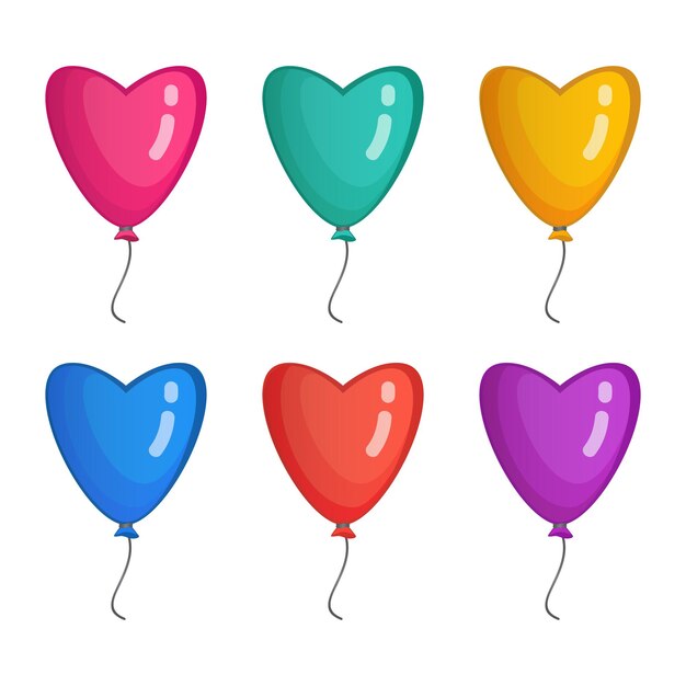 Definir a decoração de festa de bolas de ar voando balão de coração de hélio. Vetor Premium
