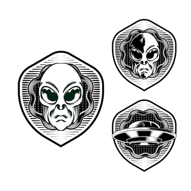 Definir a ilustração da cabeça do emblema alien badge para o elemento de vetor de design de logotipo distintivo