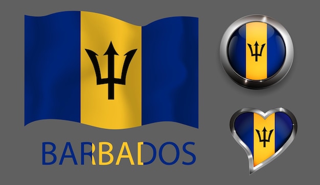 Definir a nação barbados bandeira botão brilhante coração