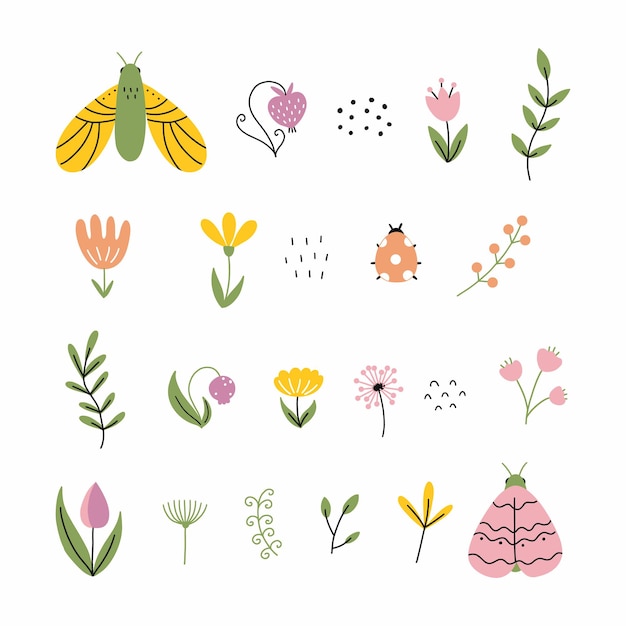 Definir adesivo com flor e borboleta ilustração de doodle bonito distintivo de primavera e verão para cartão postal de designer