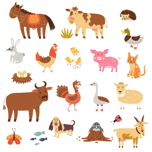 Definir animais de fazenda dos desenhos animados: cavalo, vaca, touro, ouriço, pato, ganso, galinha, lebre, porco, ovelha, cabra, peru, cachorro, gato, toupeira. ilustrações de desenho vetorial à mão