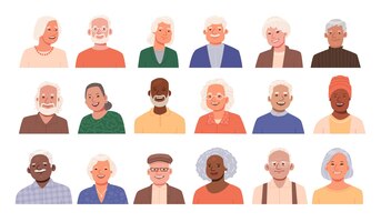 Definir avatares felizes sorrindo idosos idosos retratos de homens velhos mulheres diferentes nacionalidades