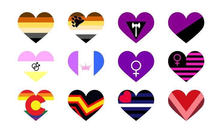 Vetor definir bandeiras lgbtq ilustrações do mês do orgulho lgbtq conceito lgbtq ícones de bandeira de coração definidos para o dia internacional do orgulho lgbt
