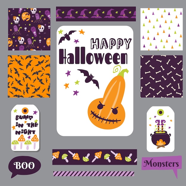 Definir banners de cartões para impressão de halloween e notas