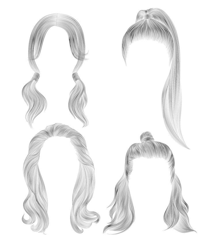Vetor definir cabelos longos de mulher. esboço de desenho de lápis preto. estilo de beleza das mulheres.