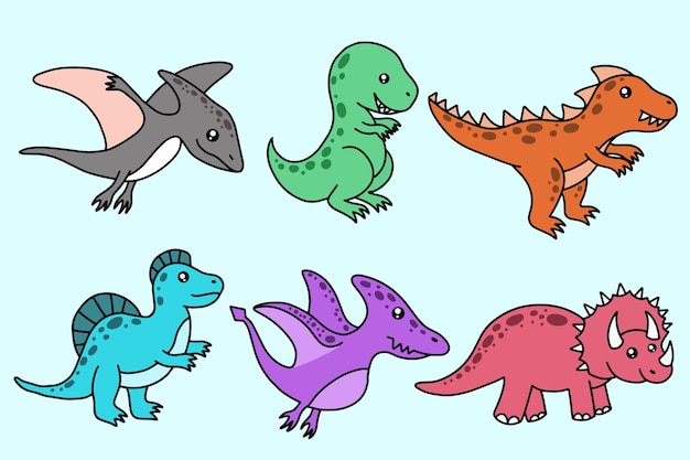 Definir coleção de dinossauros fofos personagem de desenho animado fóssil arte de linha plana desenhada à mão