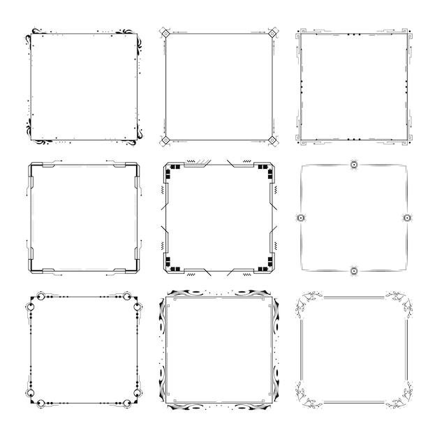 Definir coleção de moldura de linha simples preta Doodle quadrado floral elementos de design de vetor estilo