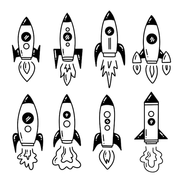 Vetor definir conjunto de ícones de doodle de foguete