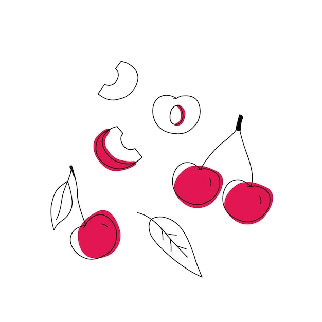 Definir contorno de cerejas doodle com manchas peças inteiras e folhas
