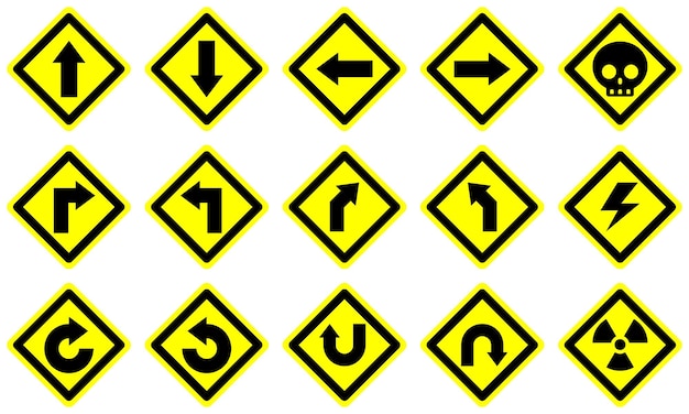 Vetor definir curva u virar à direita esquerda para a frente para trás ir amarelo grau circuito estrada perigo sinal de alerta elétrico